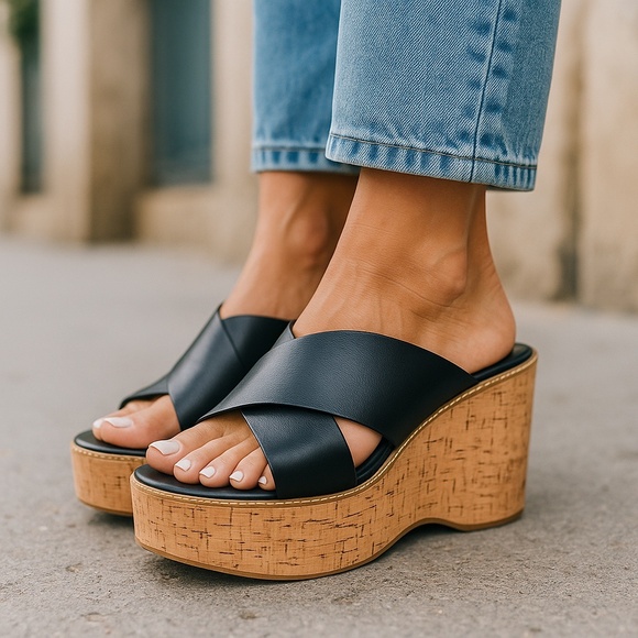 Zara Basic Collection Black Slip On Platform Cork Slide Sandals Women's EU 37 - Picture 1 of 17